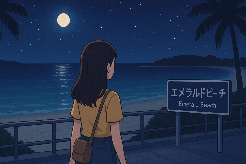 エメラルドビーチを夜に訪れる女性のイラスト