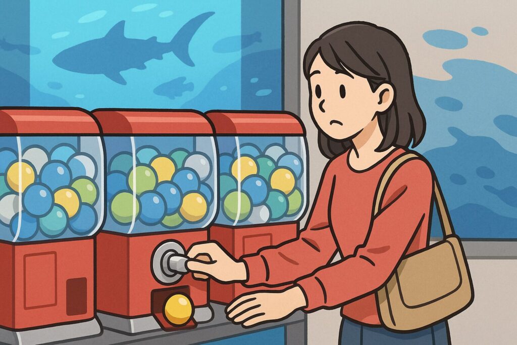 美ら海水族館でガチャガチャをしている女性のイラスト