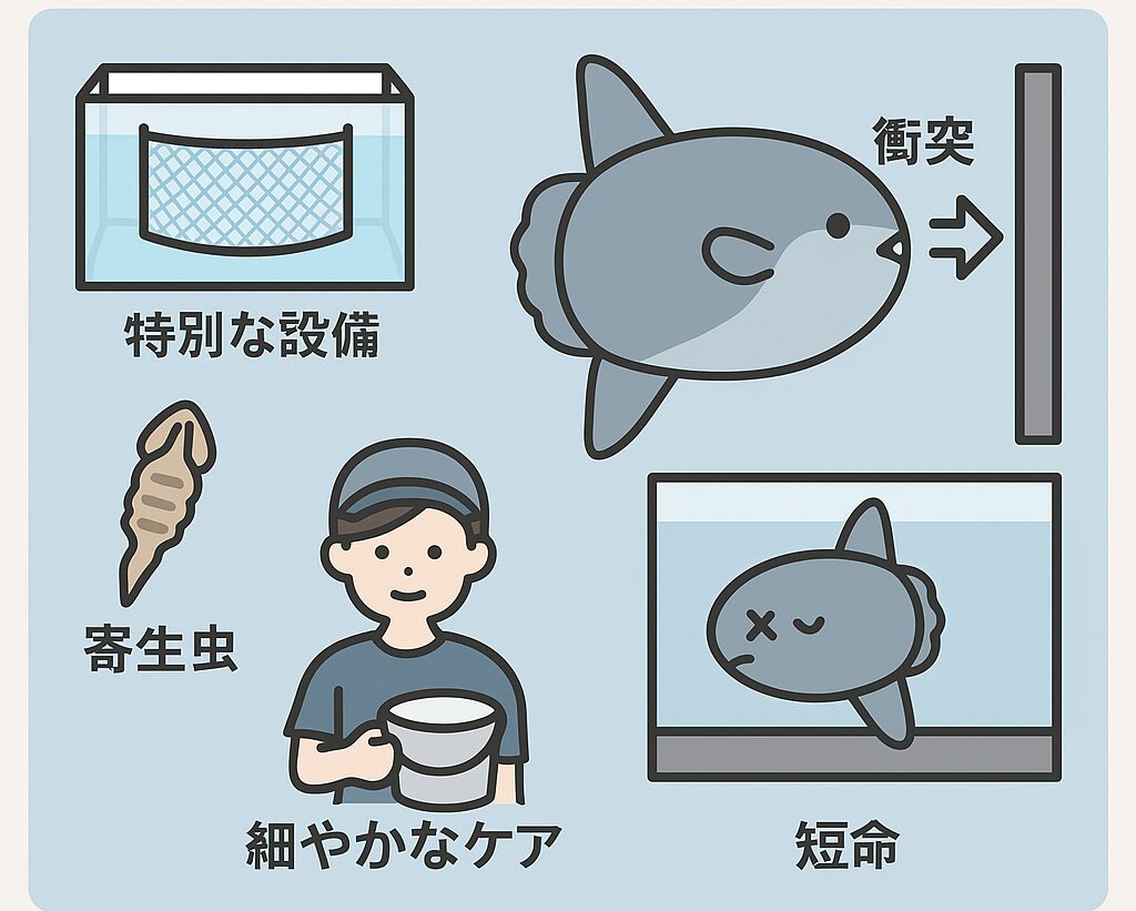 マンボウが展示されない理由を示す日本語の図解