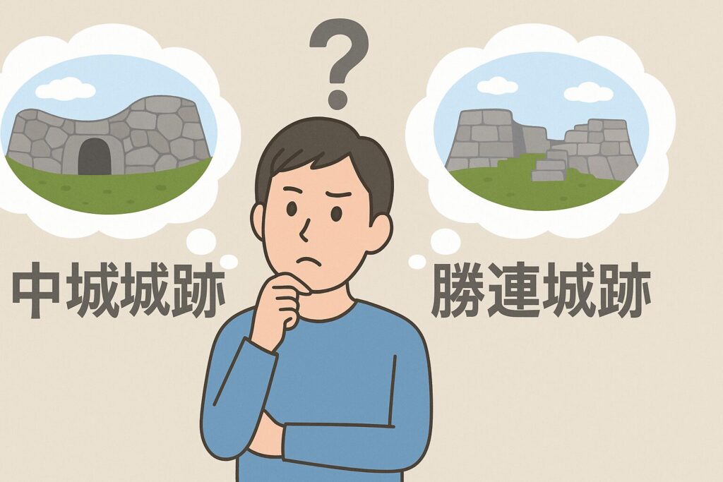 中城城跡と勝連城跡のどちらに行くか悩んでいる人のイラスト