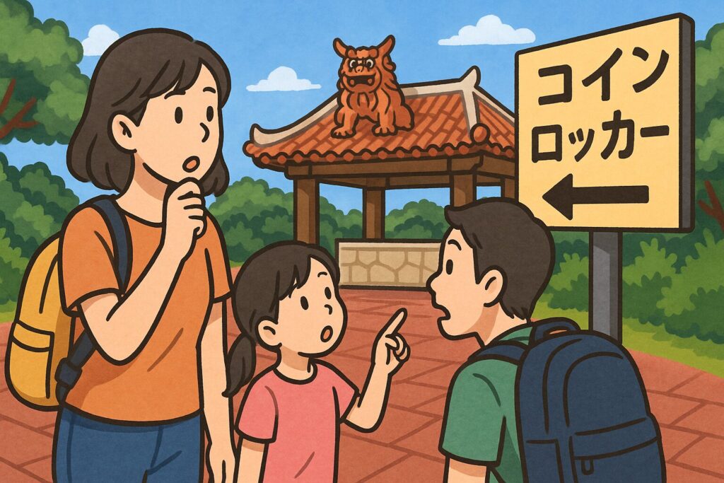 沖縄ワールドでコインロッカーを探す家族のイラスト