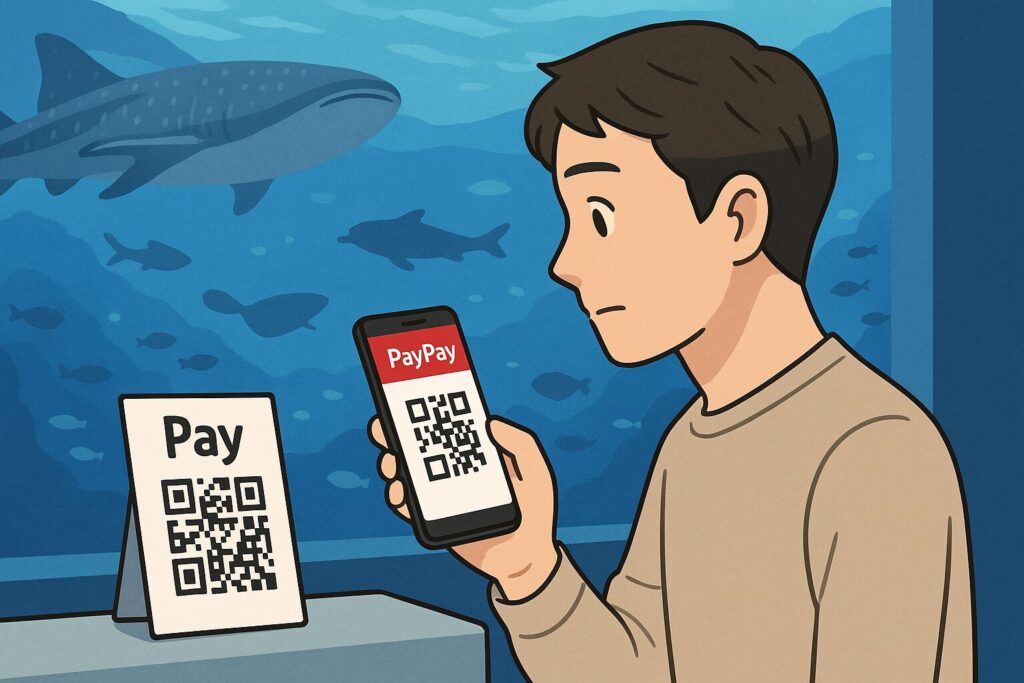 美ら海水族館でPayPayを使う男性のイラスト