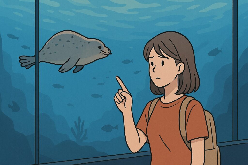美ら海水族館でアザラシを探している女性のイラスト