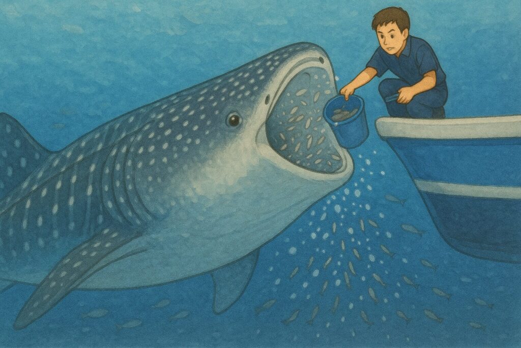 飼育員がジンベエザメに餌を与えている様子のイラスト