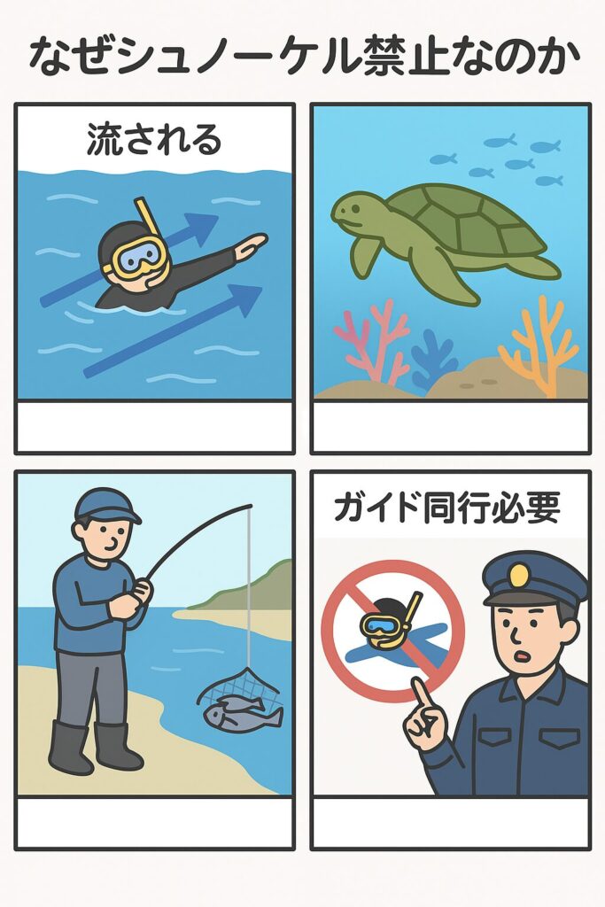 なぜシュノーケルが禁止されているかを説明する4コマイラスト