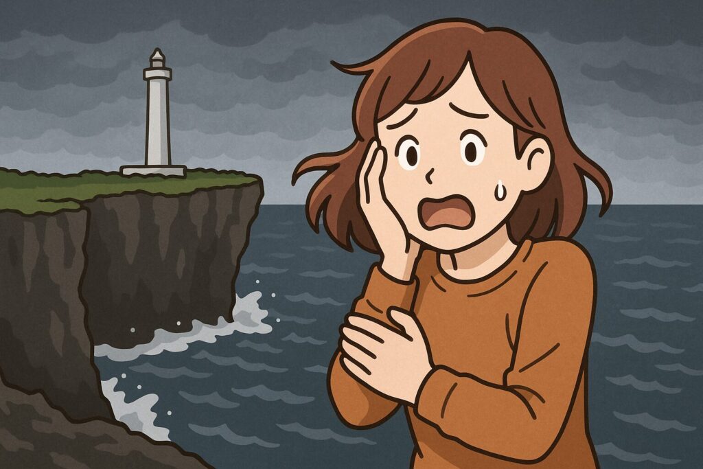 残波岬の崖の上で怖がっている女性のイラスト