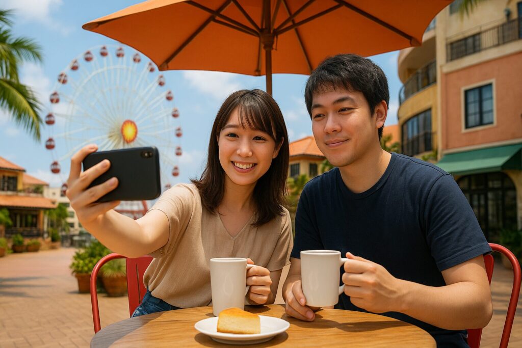 アメリカンビレッジでカフェと写真撮影を楽しむカップル