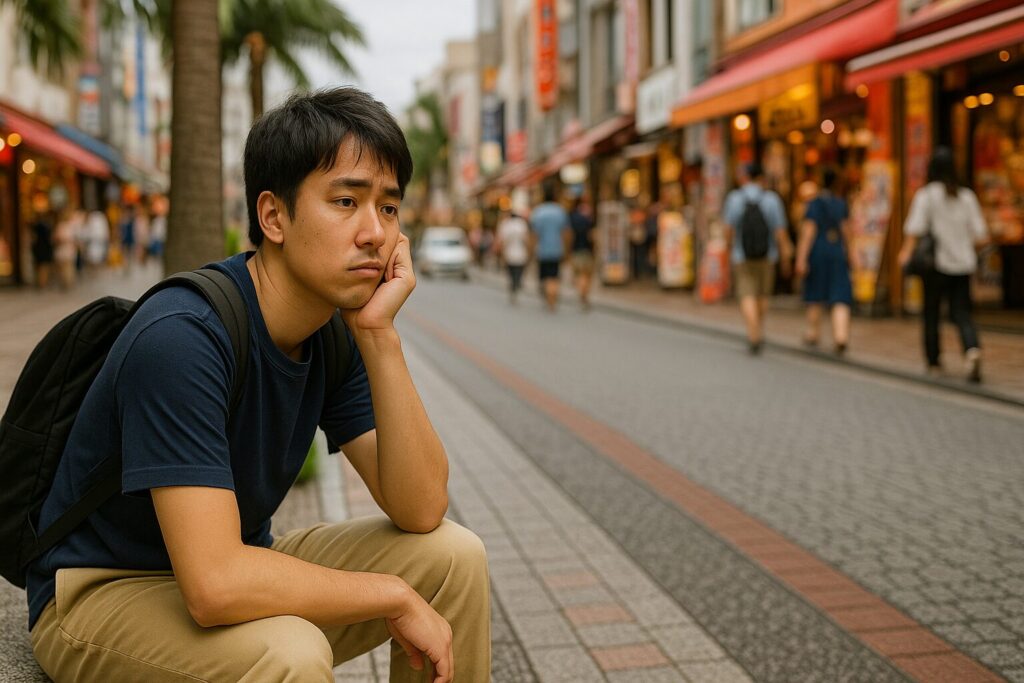 国際通りで暇そうに座っている若い男性の様子