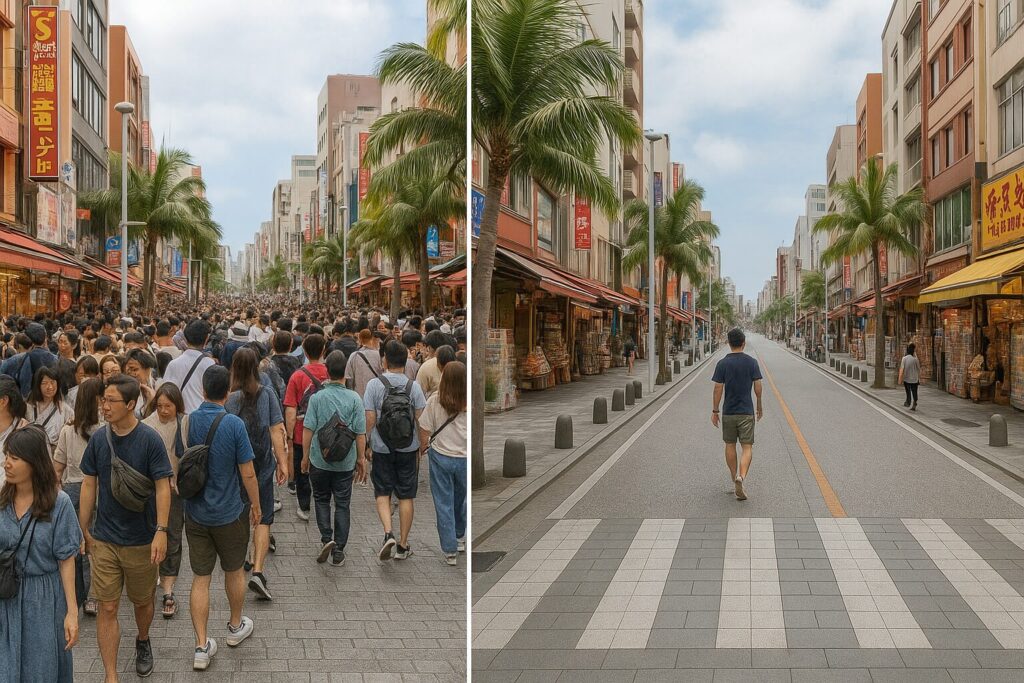 混雑している国際通りと空いている国際通りを比較した2枚の写真