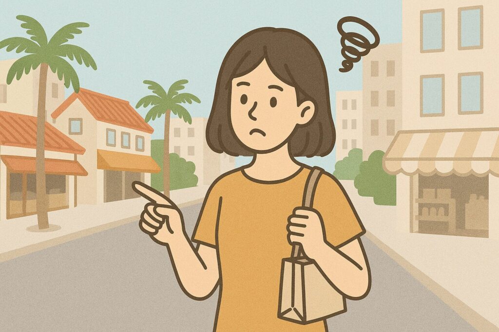 沖縄の国際通りで安いお土産屋さんを探している女性のイラスト