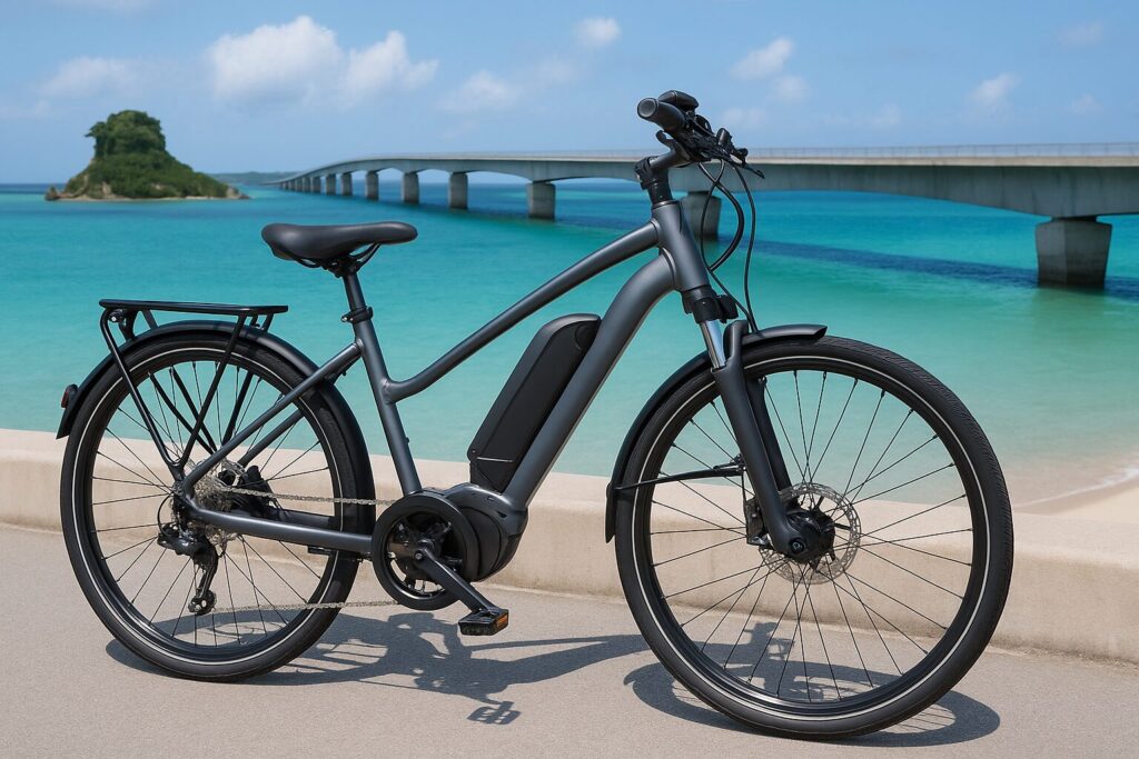 古宇利大橋を背景にした電動アシスト自転車のレンタル風景