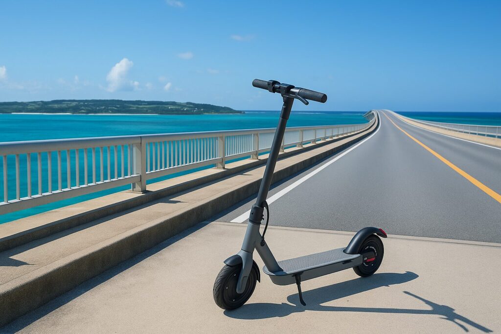 古宇利大橋の上に停められた電動キックボードと青い海の風景