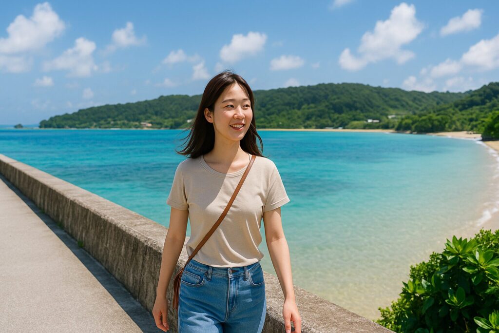 古宇利島を歩いている日本人女