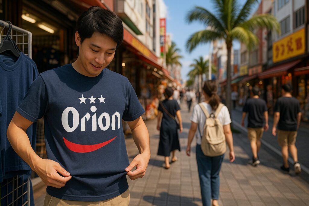 国際通りでオリオンTシャツを試着する若い男性の様子