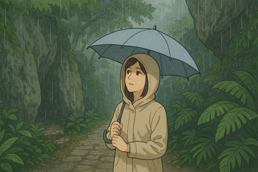 斎場御嶽の雨の日に傘をさして歩く女性のイラスト