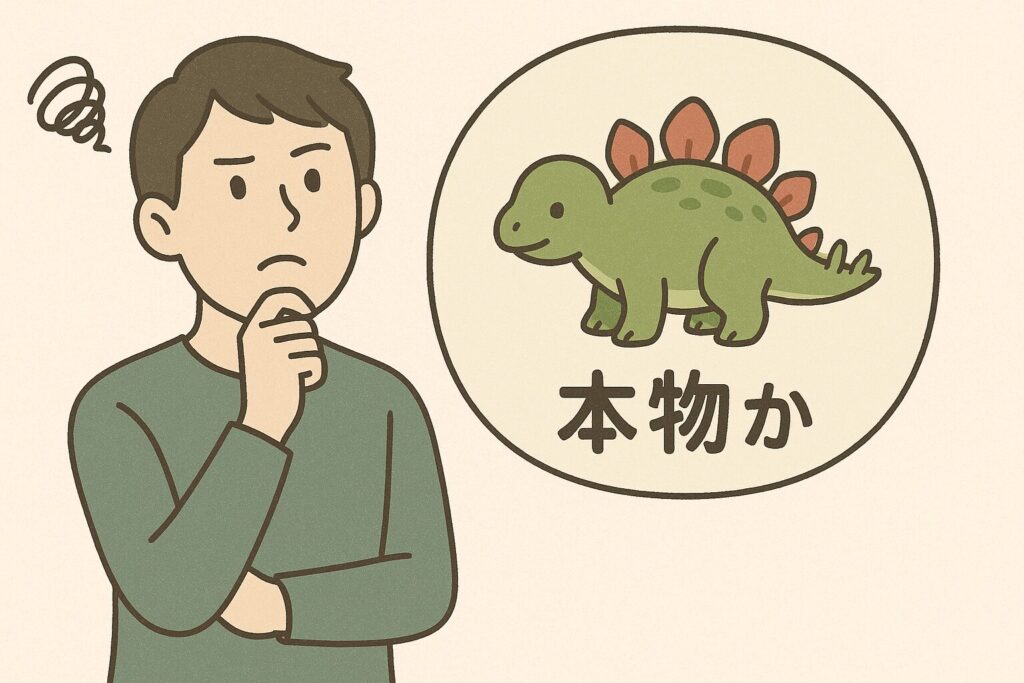 ジャングリアのステゴサウルスの赤ちゃんが本物か悩んでいる男性のイラスト
