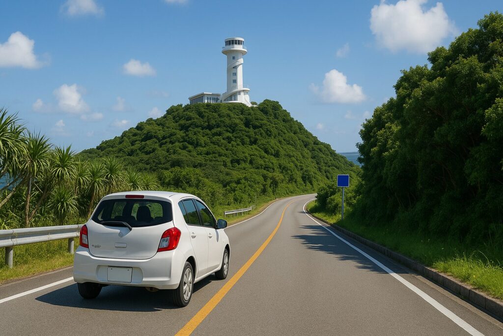 古宇利オーシャンタワーへ向かう車が緑に囲まれた道を走る様子