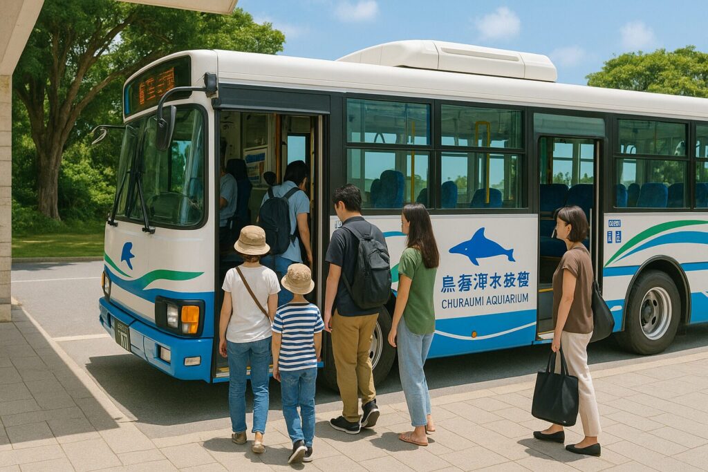 美ら海水族館の前でバスに乗り込む観光客たちの様子。青空の下、家族連れやカップルが列を作り、白と青の観光バスに乗車しているシーン。