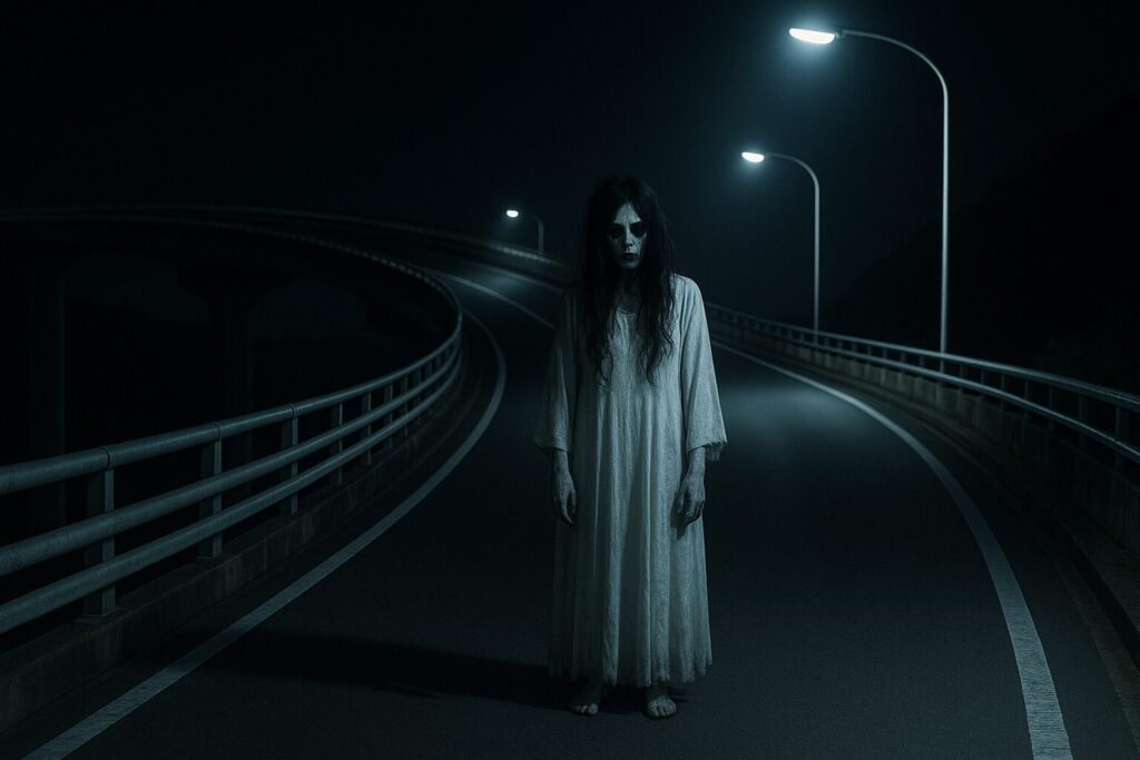 夜のニライカナイ橋に白い服のお化けが現れている様子