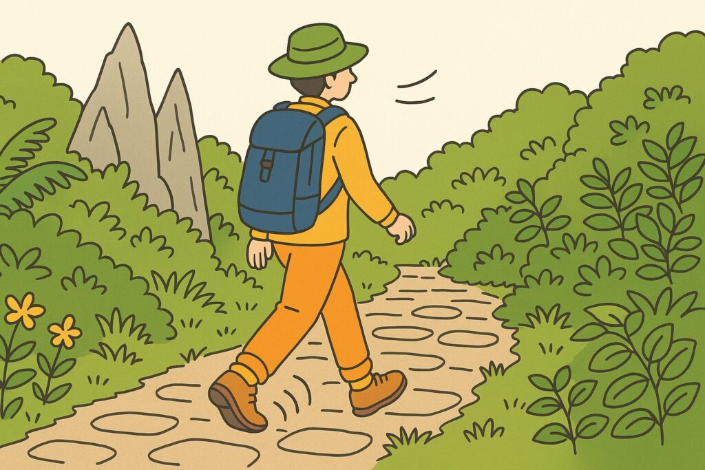 長ズボンと足首まで覆う靴で明るい服を着て歩く人
