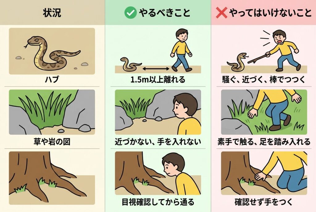 状況
やるべきこと
やってはいけないこと
ハブを見つけた
冷静に1.5m以上離れる
騒ぐ、近づく、棒でつつく
草むらや岩の隙間
近づかない、手を入れない
素手で触る、足を踏み入れる
木の根元
目視確認してから通る
確認せず手をつく