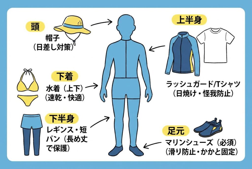部位
服装アイテム
ポイント
下着
水着(上下)
速乾性があり濡れても快適
上半身
長袖ラッシュガードまたはTシャツ
怪我・日焼け防止のため肌を隠す
下半身
レギンス・短パン・水着用パンツ
肌を守る長めの丈がおすすめ
足元
マリンシューズ(必須)
かかと固定タイプで滑り防止
頭
帽子
強い日差しから頭を守る