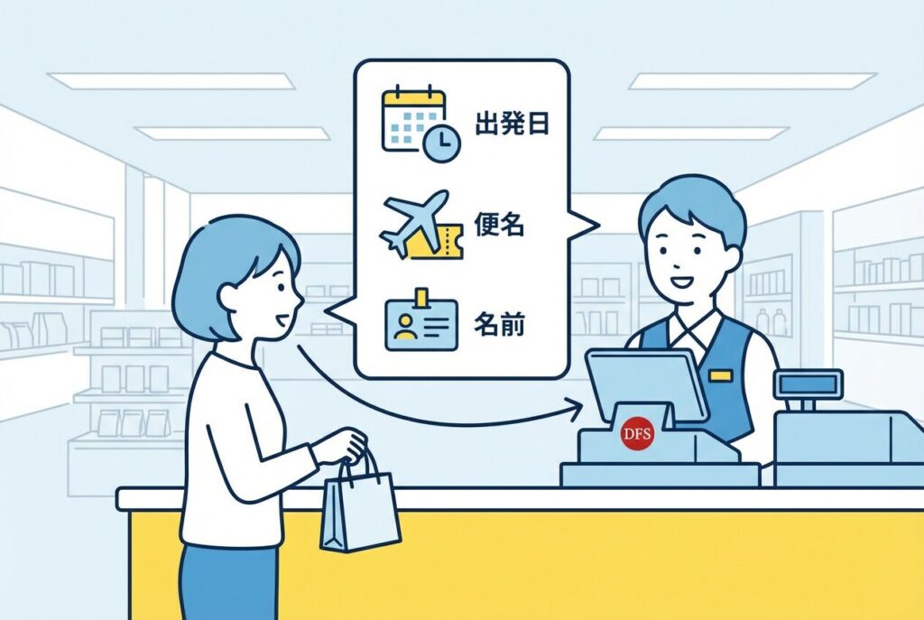 沖縄DFSの店舗で買い物をする時、レジで伝えるのは以下の3つだけです。
出発日（帰りの日付）
便名（例：ANA123便、JAL904便など）
名前