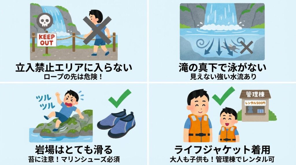 立入禁止エリアには絶対に入らない：ロープが張られている場所は、過去に事故が起きた危険エリアです

滝つぼの真下で泳がない：水面は穏やかに見えても、水中では強い下向きの水流が発生しています

岩場は想像以上に滑る：苔が生えている岩は濡れるとツルツルなので、マリンシューズは必須です

ライフジャケットを着用する：駐車場の管理棟で500円でレンタルできます。子どもはもちろん、大人も着けるのがおすすめです