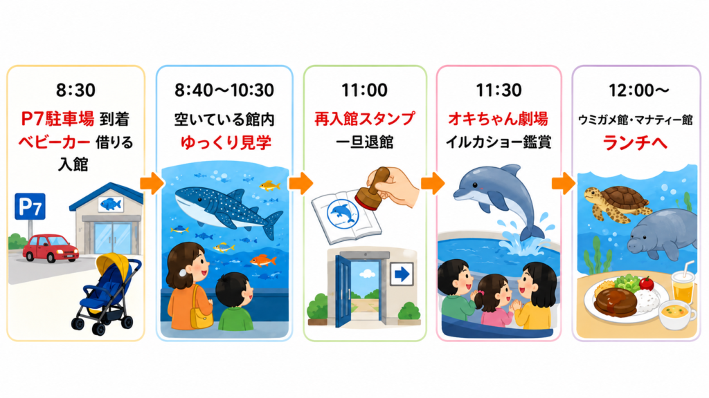 8:30 P7駐車場に到着→ベビーカーを借りて入館
8:40〜10:30 空いている館内をゆっくり見学
11:00 再入館スタンプをもらって一旦退館
11:30 オキちゃん劇場でイルカショー鑑賞
12:00〜 ウミガメ館・マナティー館→ランチへ